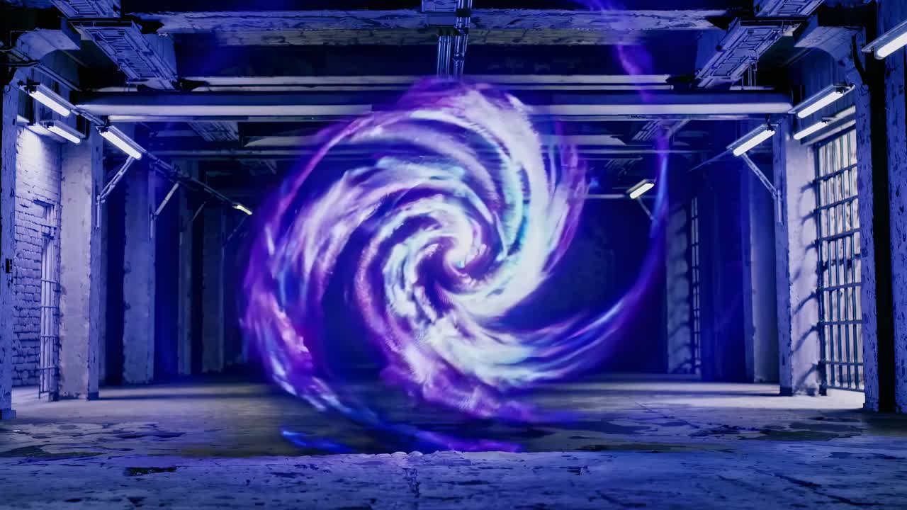 A dynamic, front-facing video shot of a swirling purple vortex in an industrial setting