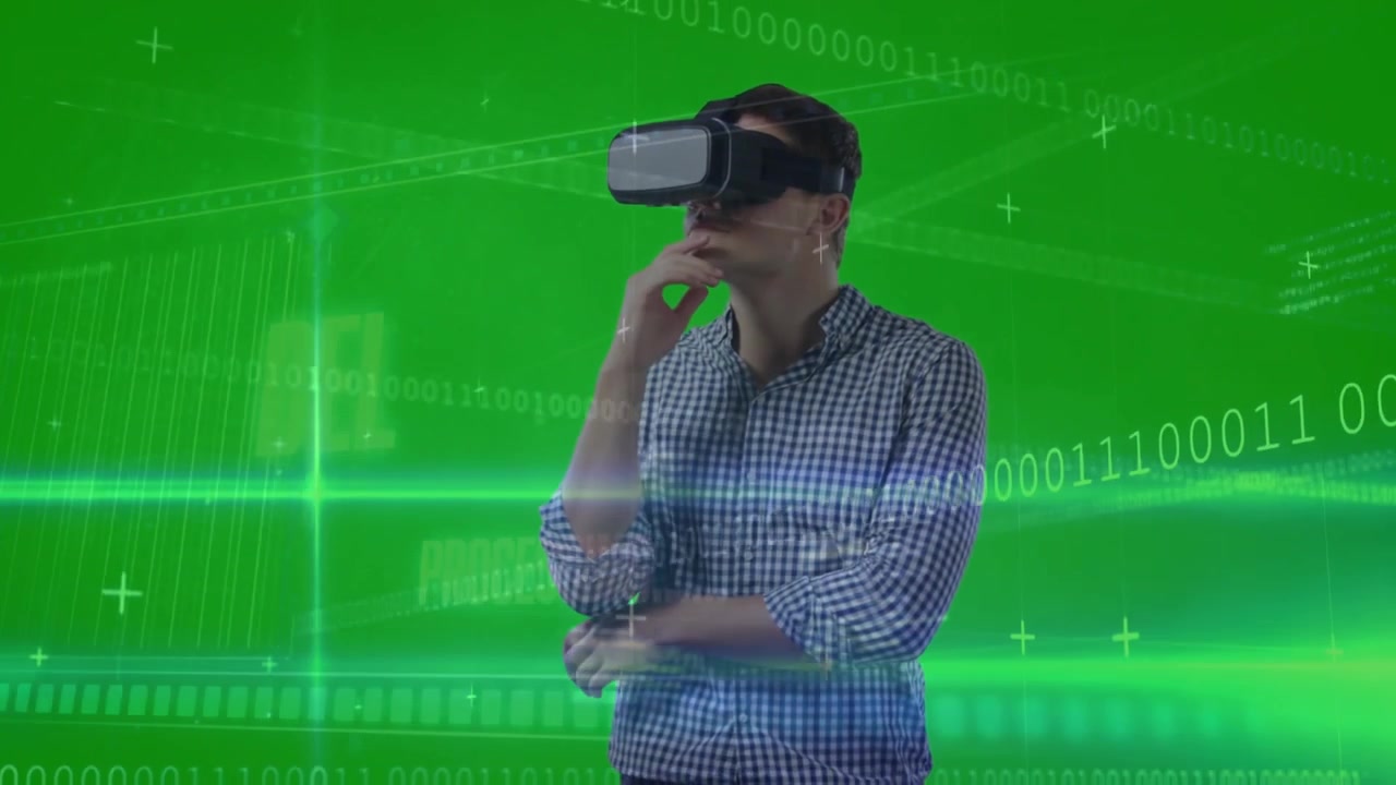 Man wearing VR gear activating tech simulation, scanning code, reaching hologram, pondering data