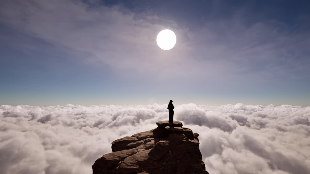 바위 산 꼭대기 위에 서있는 아랍 여성, 하 구름이 움직이는 구름, 밝은 빛, 3d 애니메이션, 카메라 정적