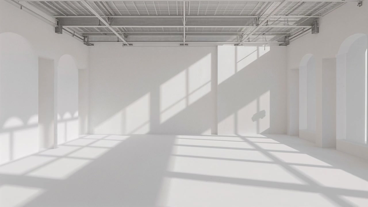 Luce solare mutevole che proietta ombre a griglia sul pavimento e sulla parete dello studio, a indicare il tempo che passa