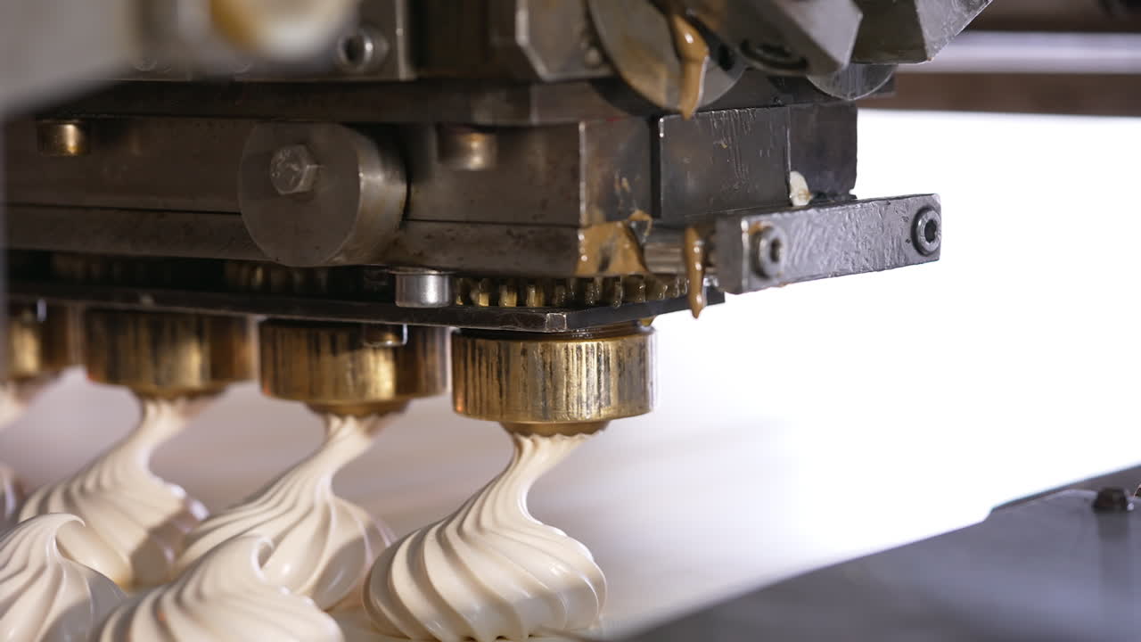 Vanilla marshmallows are squeezed on the conveyor belt. Automated line for zephyr manufacturing at food factory. Close up.