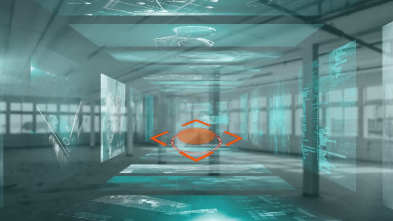 Animation of scope scanning over screens with medical data processing against empty warehouse