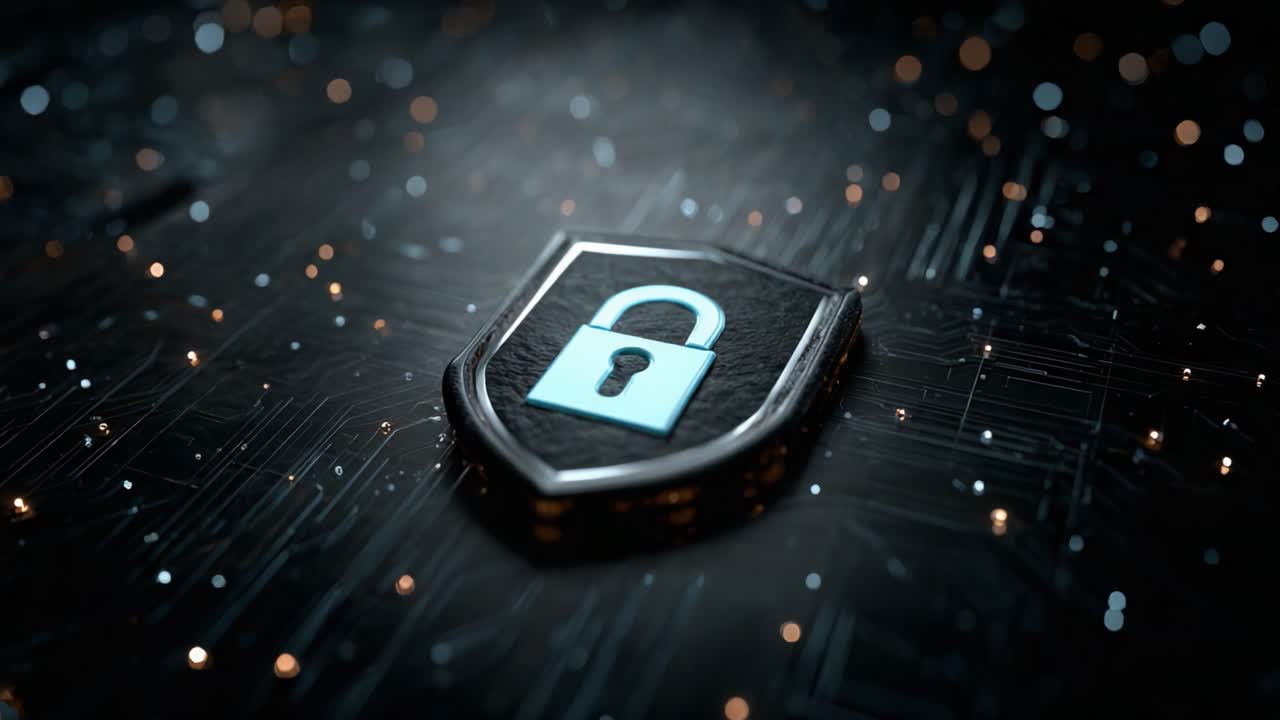 A Close-Up View of a Stylish Digital Shield Featuring a Lock Icon, Symbolizing Online Security, Protection, and Cyber Safety in a Glowing Technological Environment