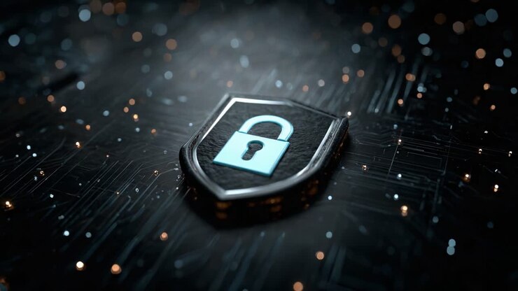 Primo piano di uno scudo digitale elegante con un'icona a forma di lucchetto, che simboleggia sicurezza online, protezione e sicurezza informatica in un ambiente tecnologico luminoso