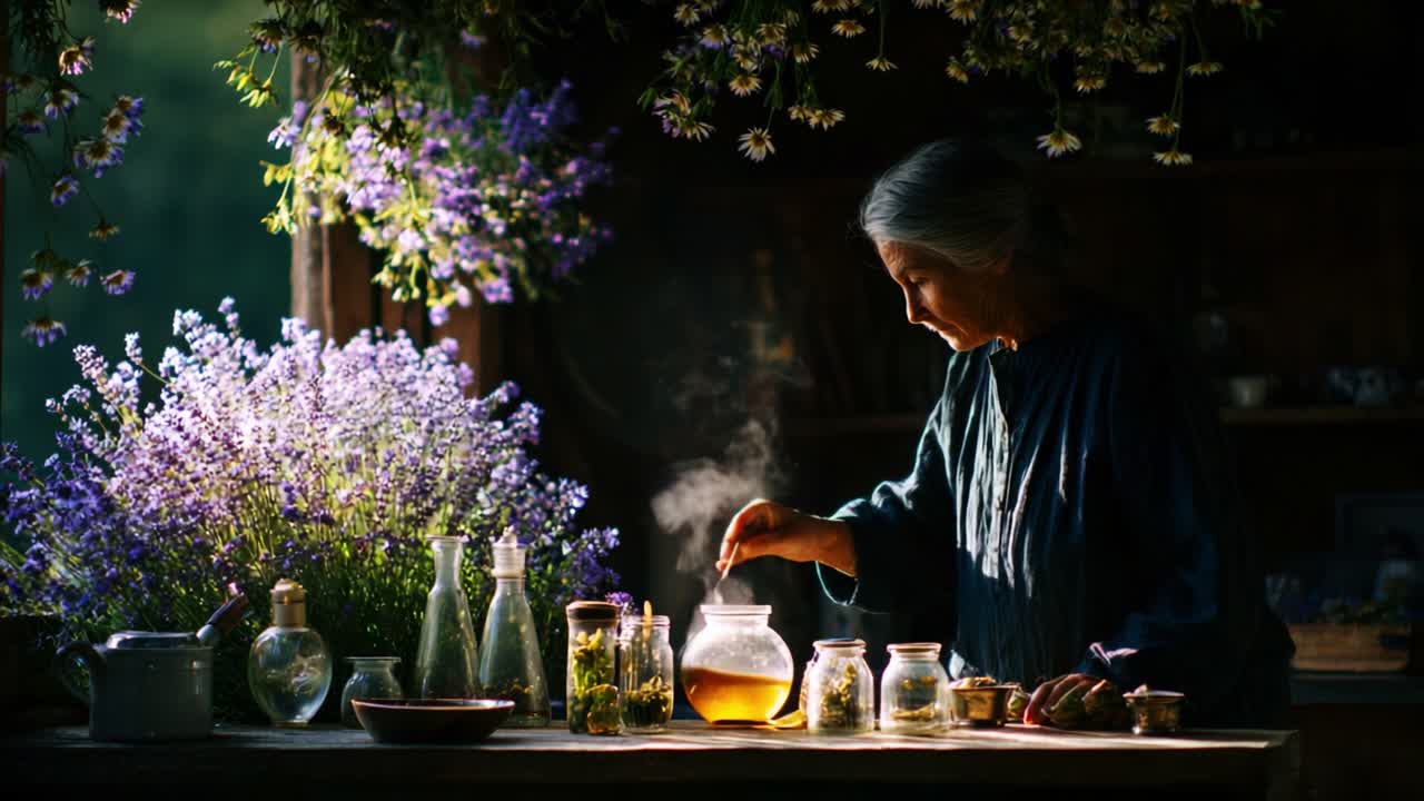 A tranquil moment captured as a woman skillfully prepares herbal remedies in a sunlit kitchen surrounded by lush flowers and glass containers filled with nature's bounty