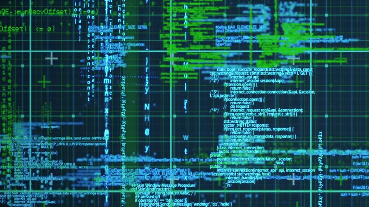 Анимация обработки данных поверх сетевой структуры на синем фоне.