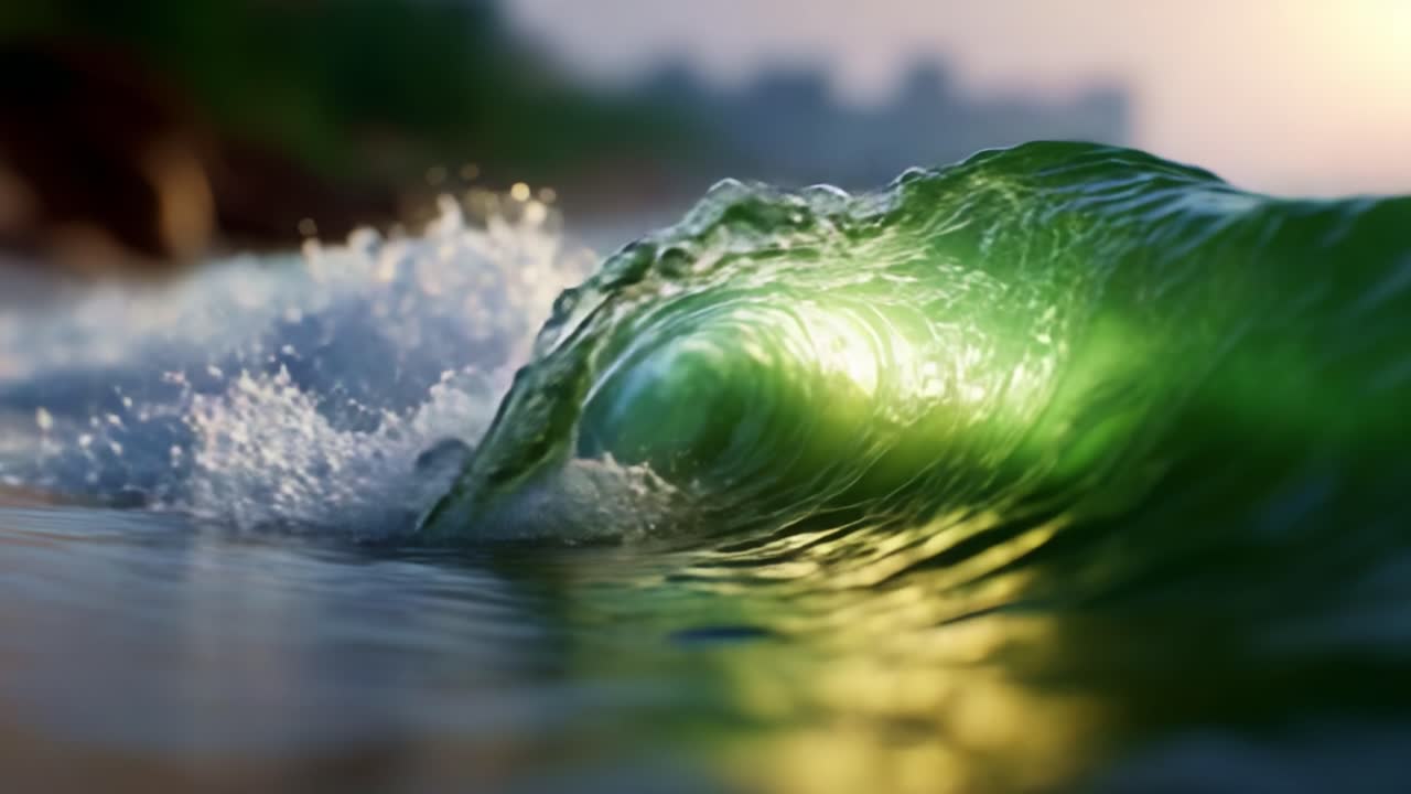 Captivating Green Wave Crashing on Shoreline at Golden Hour with Sparkling Foam, Creating a Stunning Visual of Nature's Power and Beauty