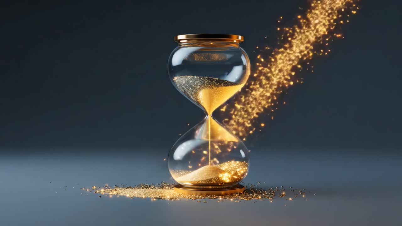 An Artistic Representation of Time Flow: A Captivating Hourglass Consisting of Sparkling Gold Sand, Captured in Two Striking Frames Showcasing the Passage of Time and Beauty in Motion