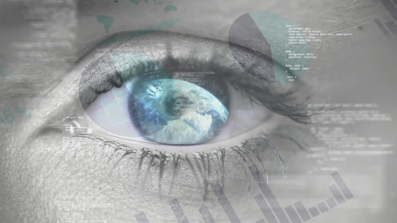 el ojo azul se abre mientras la tierra gira en su pupila. filtro de gráfico, círculo y gráfico de barras