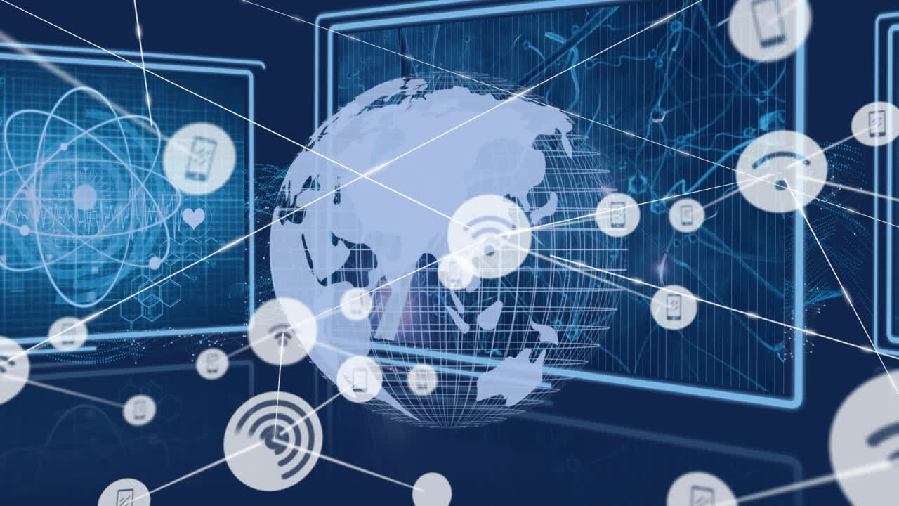 전 세계에 있는 아이콘과 연결된 네트워크의 애니메이션