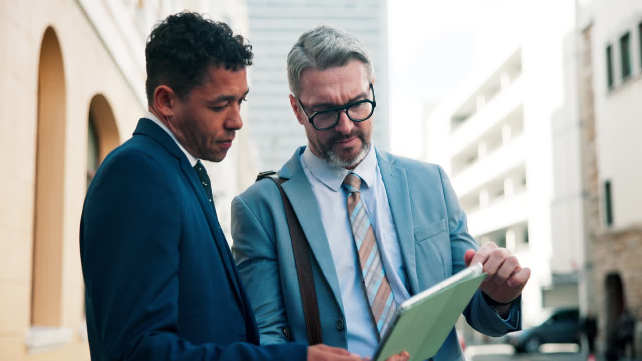 Two businessmen looking at a tablet on a city street