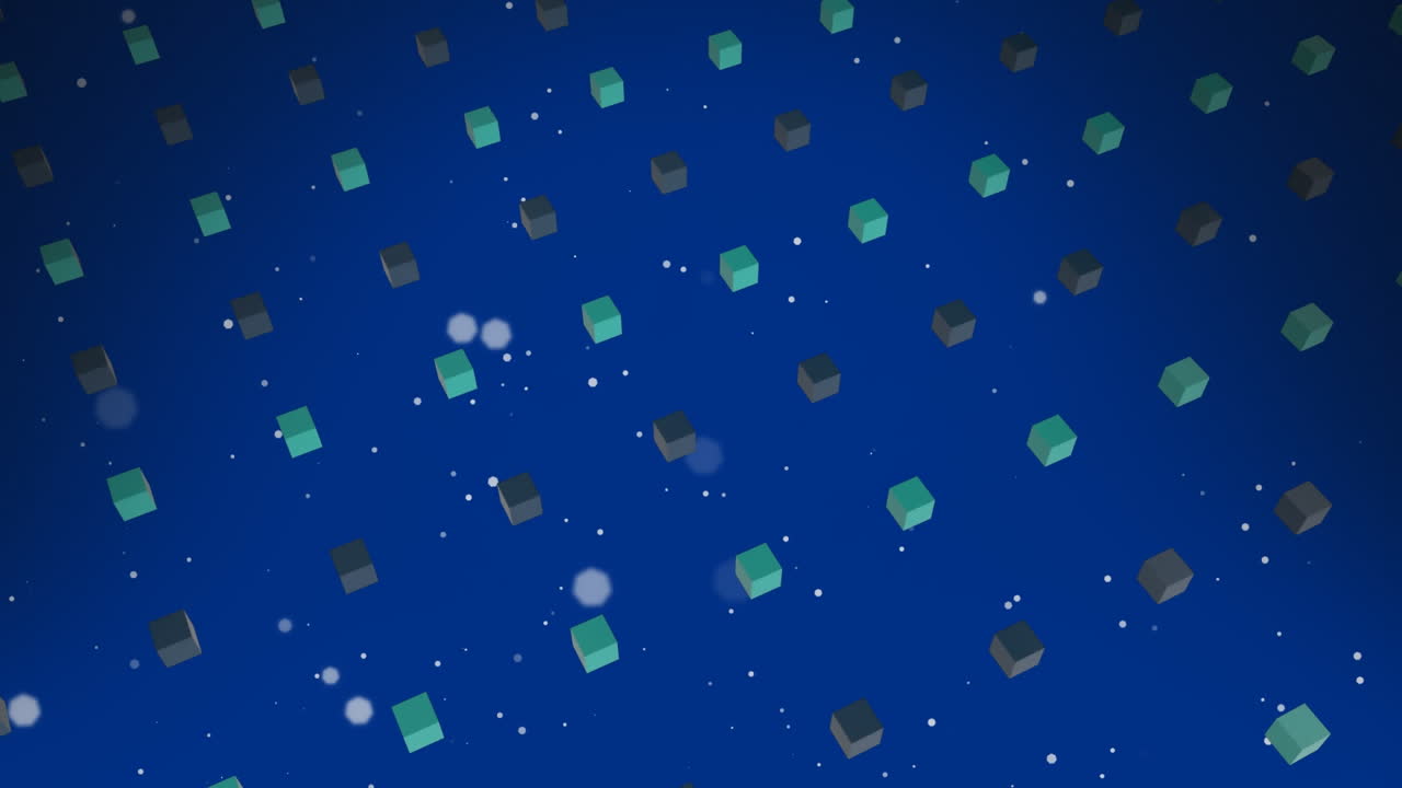 파란색 배경에서 움직이는  점과 사각형의 애니메이션