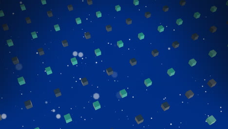animación de puntos blancos y cuadrados que se mueven sobre un fondo azul.