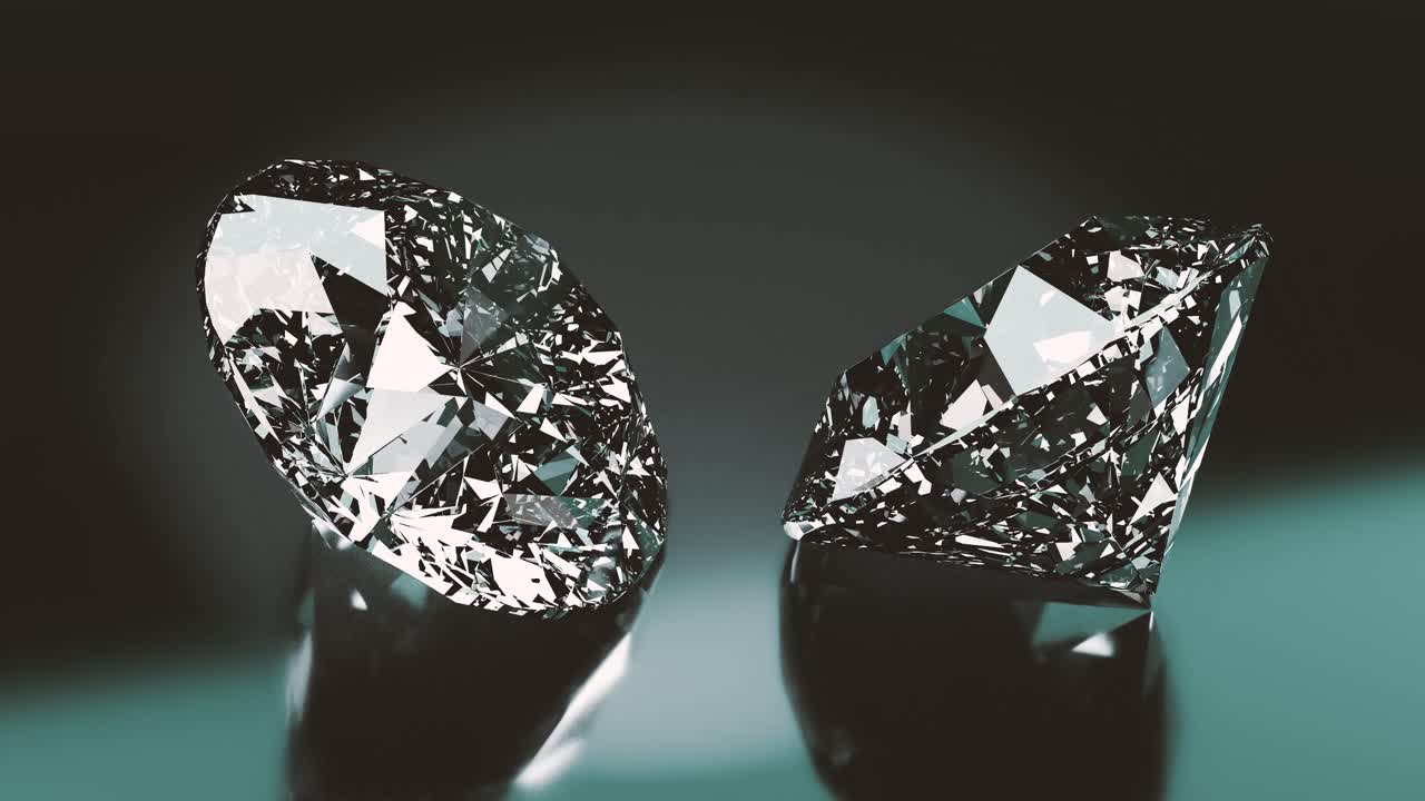 Two Sparkling Diamonds Reflecting Light on a Dark Surface