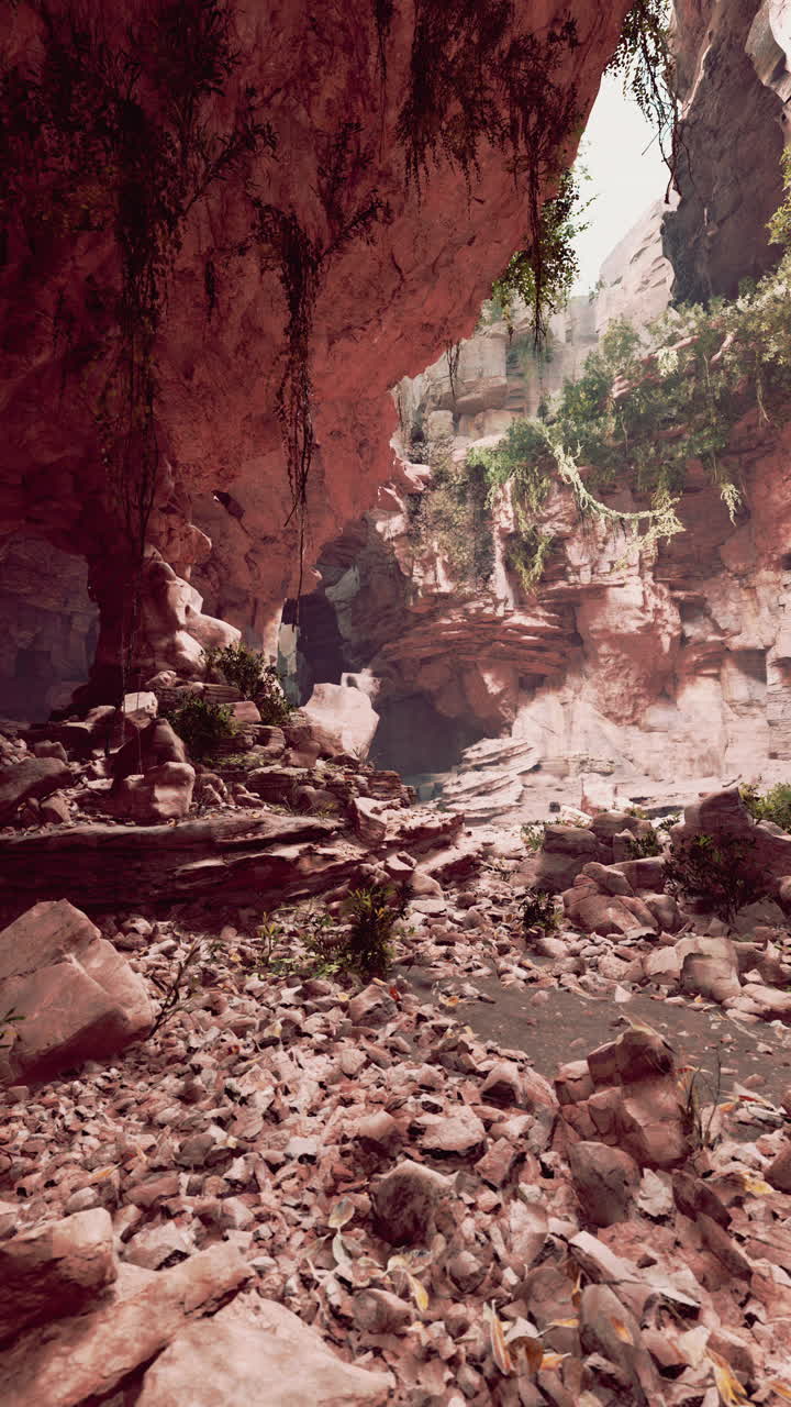 un profundo cañón con paredes de roca roja y un camino de piedra