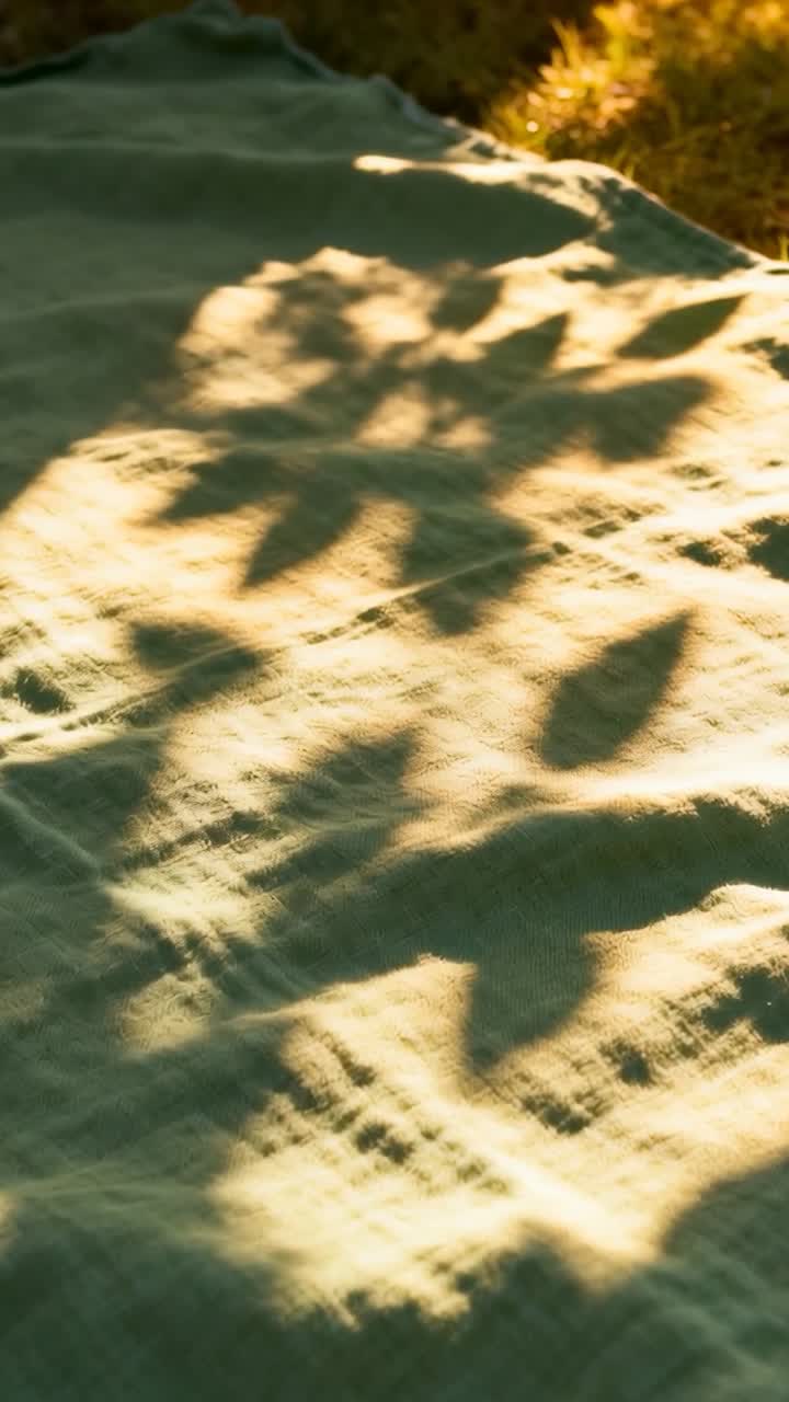 Vertical video: Shifting sun moving leaf shadows across textured cloth on lawn with sunlit grass