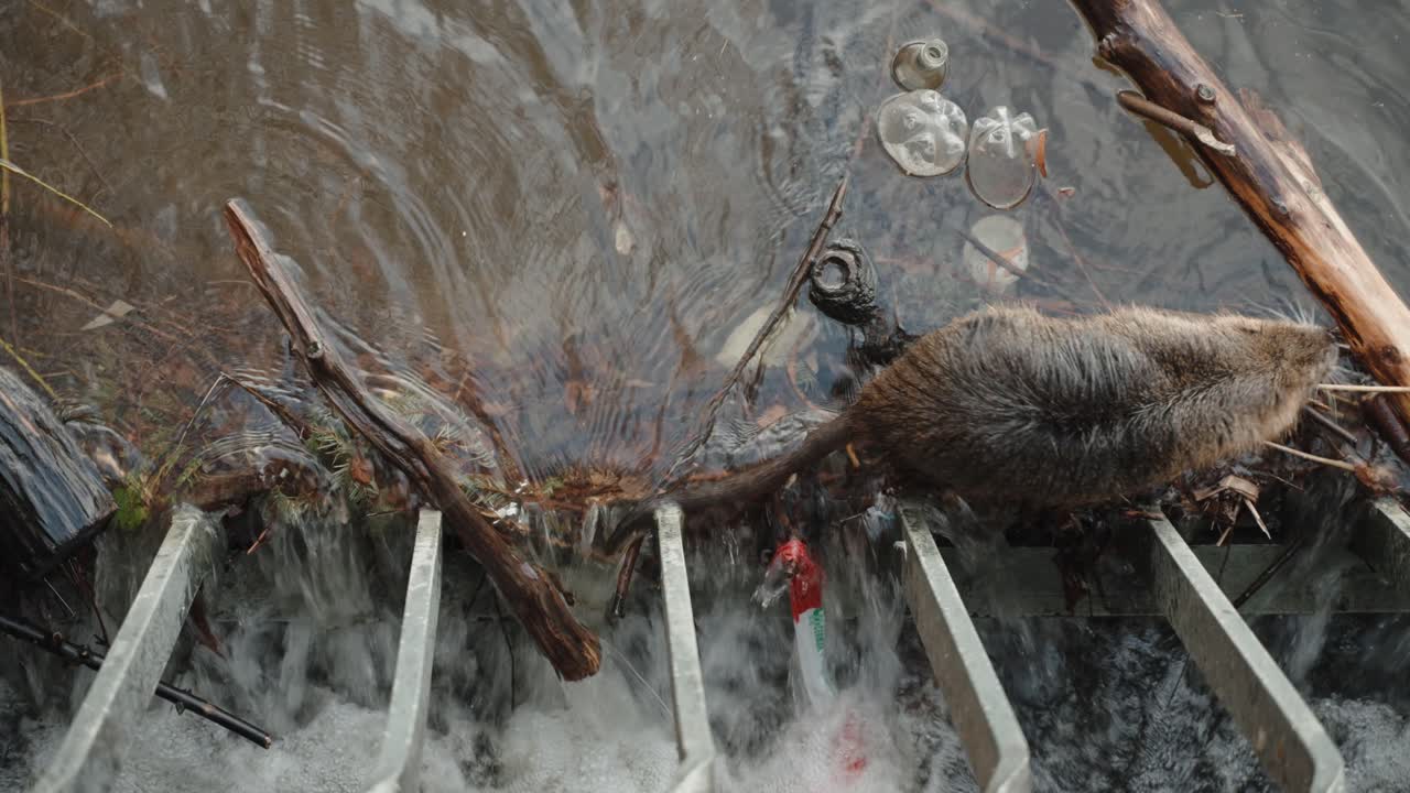 프라하 의 바 ⁇ 가 에 휴식을 취하고 있는 누트리아, 파손물 에 둘러싸여