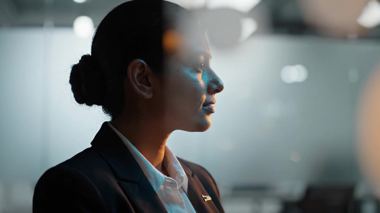 Profile of a Businesswoman in a Dimly Lit Office, Captured in Two Frames, Showcasing Confidence and Professionalism with a Focus on Ambiance and Detail