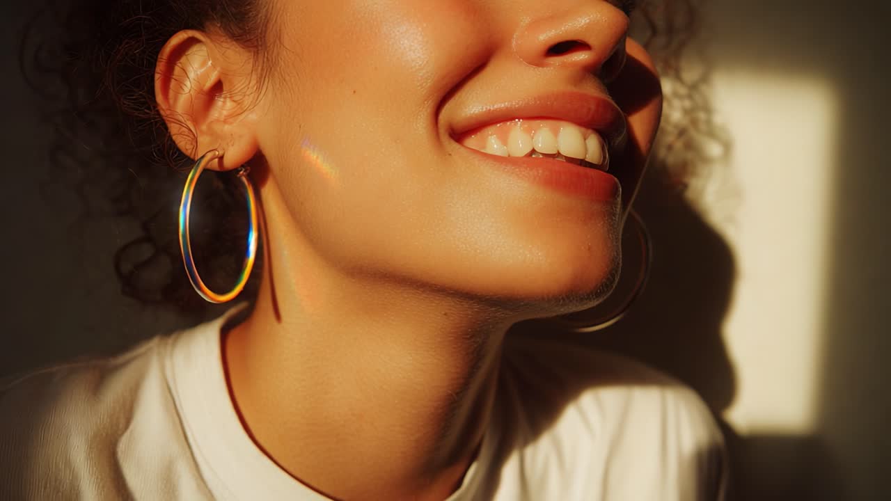 Glowing Smile in Natural Light: Capturing the Beauty of a Joyful Moment with Soft Shadows and Radiant Skin Tone in Casual Wear, Highlighting the Charm of Natural Curly Hair and Shimmering Accessories