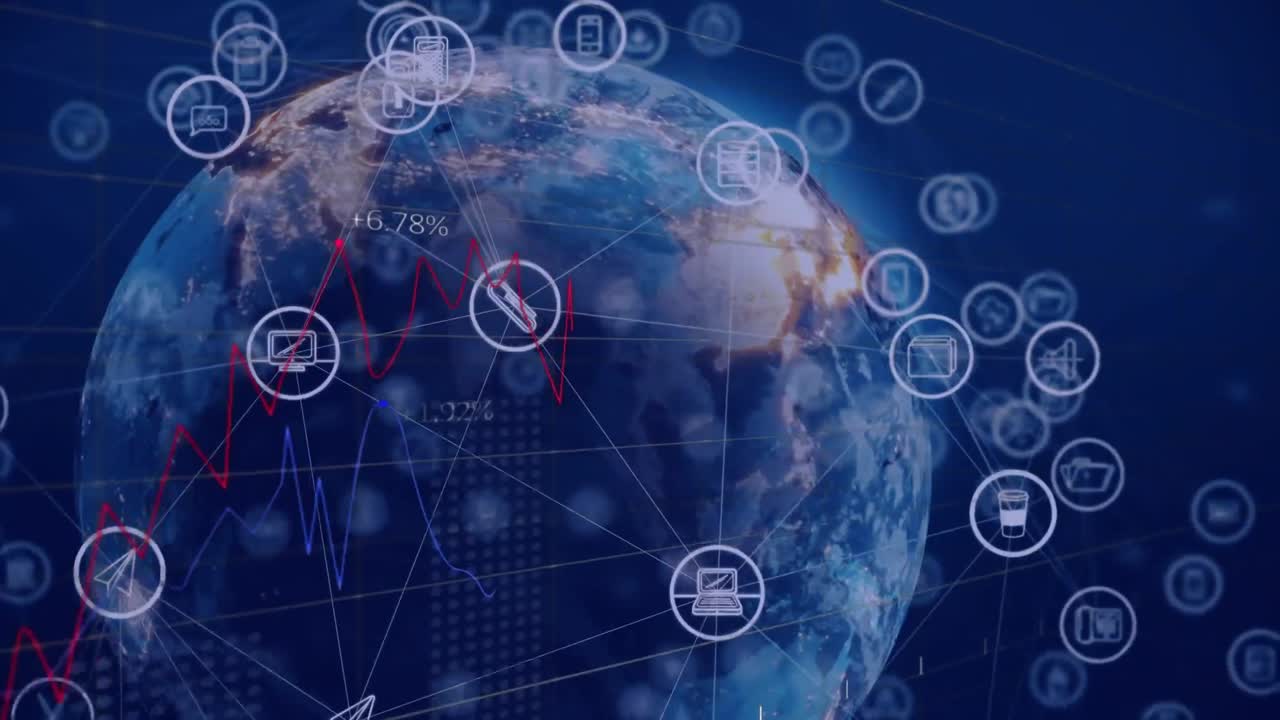회전하는 지구에 대한 통계 데이터 처리 및 디지털 아이콘 네트워크의 애니메이션