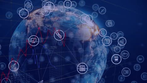 Animation-of-statistical-data-processing-and-network-of-digital-icons-against-spinning-globe