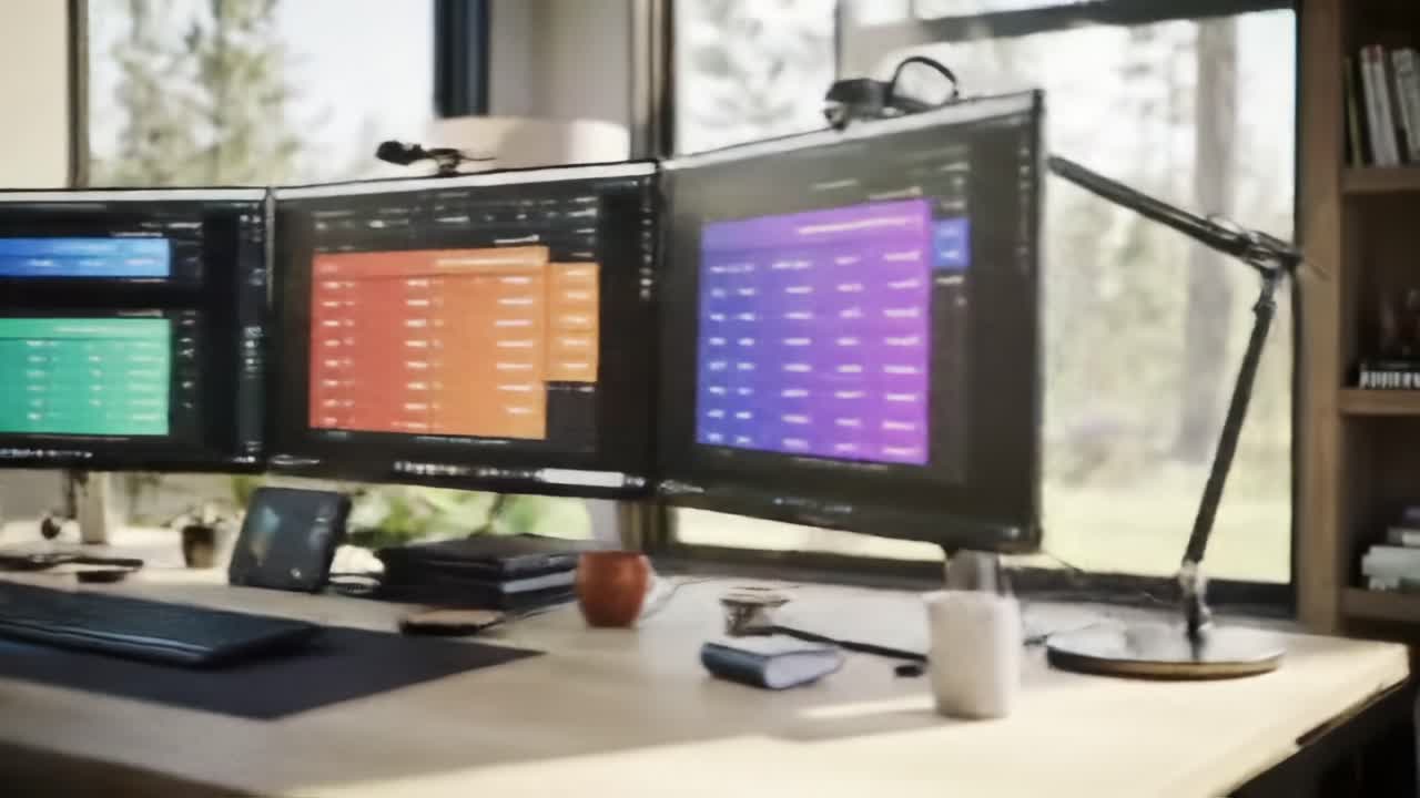 A Modern Workspace Featuring Multiple Monitors and Natural Light, Ideal for Productivity and Focused Work Sessions with a View of Nature