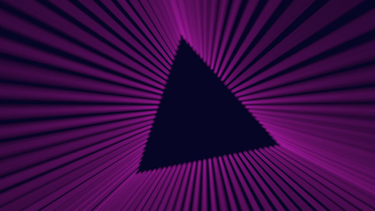 Abstract 3D purple neon tunnel with repeating lines converging into a dark triangular void, futuristic geometric background for technology, music visuals, and sci fi themes