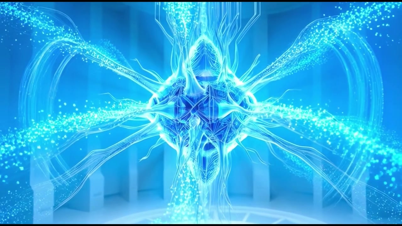 Nucleo digitale astratto che emette particelle di energia blu luminose