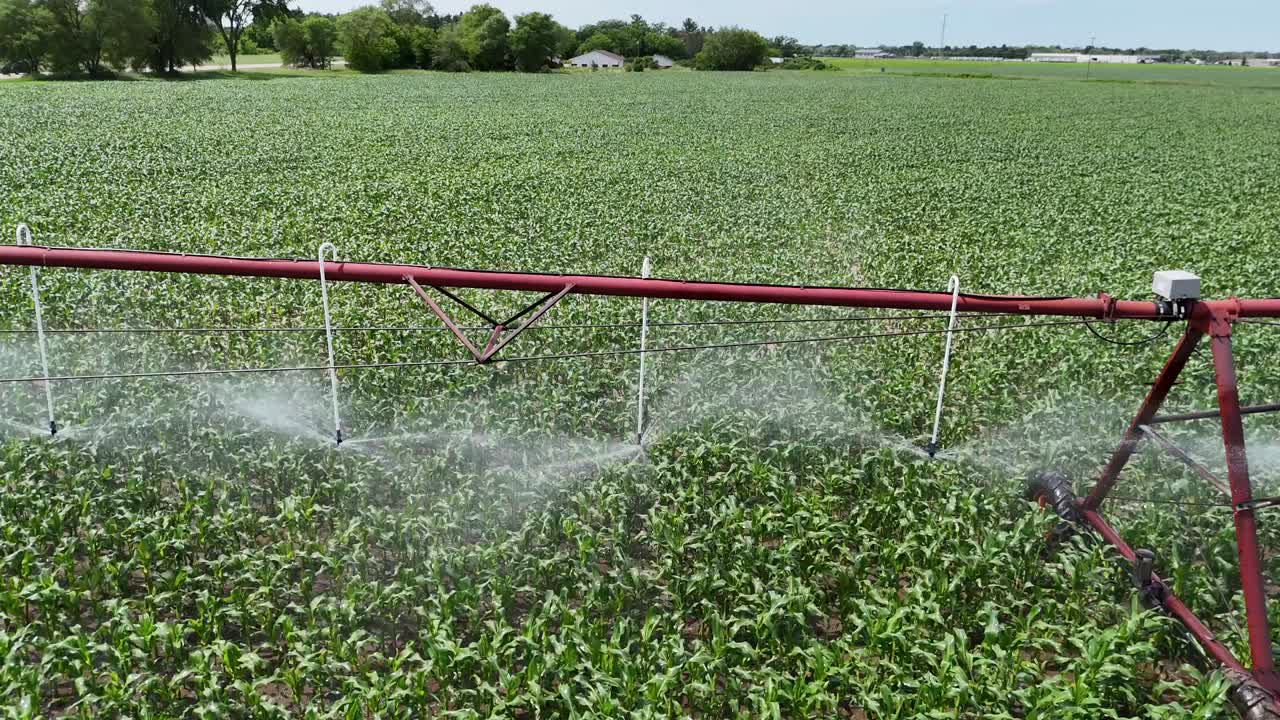 un campo agrícola en el centro de wisconsin es irrigado con un sistema de rociadores