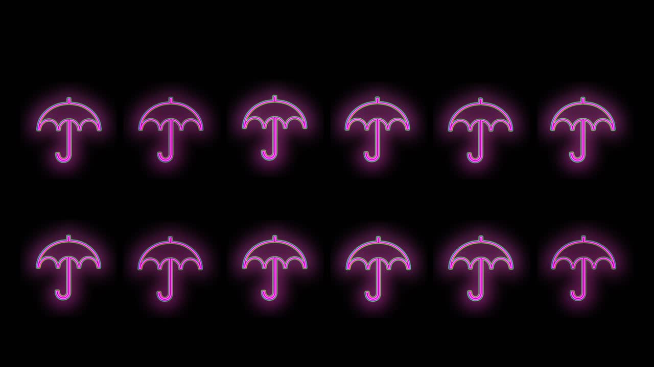 patrón de iconos de paraguas con luz led de neón en degradado negro.