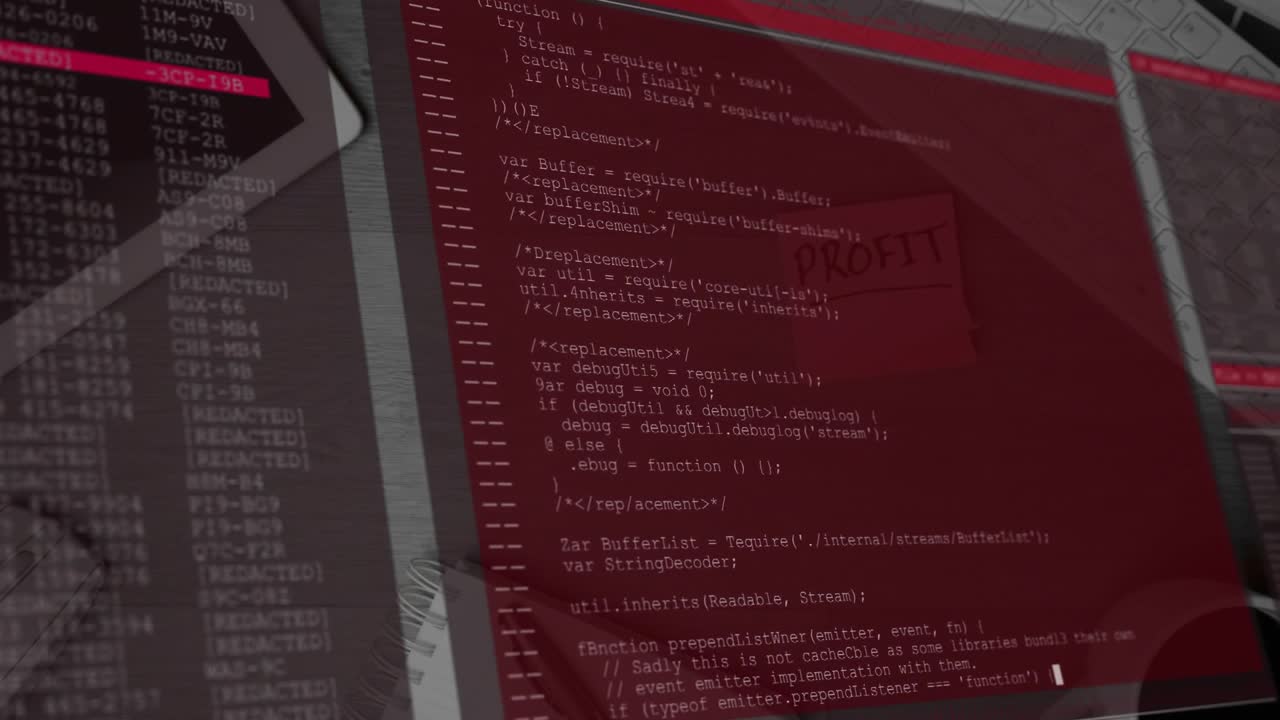 Red folder entering top-right starting red overlay expanding, scrolling code, visualizing profit