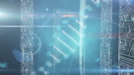 파란색 배경의 마이크로프로세서 연결 화면 위에 회전하는 dna 구조의 애니메이션