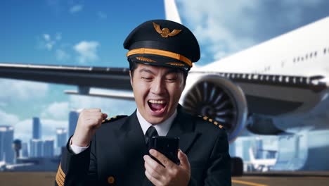 close up of asian man pilot looking at smartphone then screaming goal celebrating while standing in airfield with airplane on background