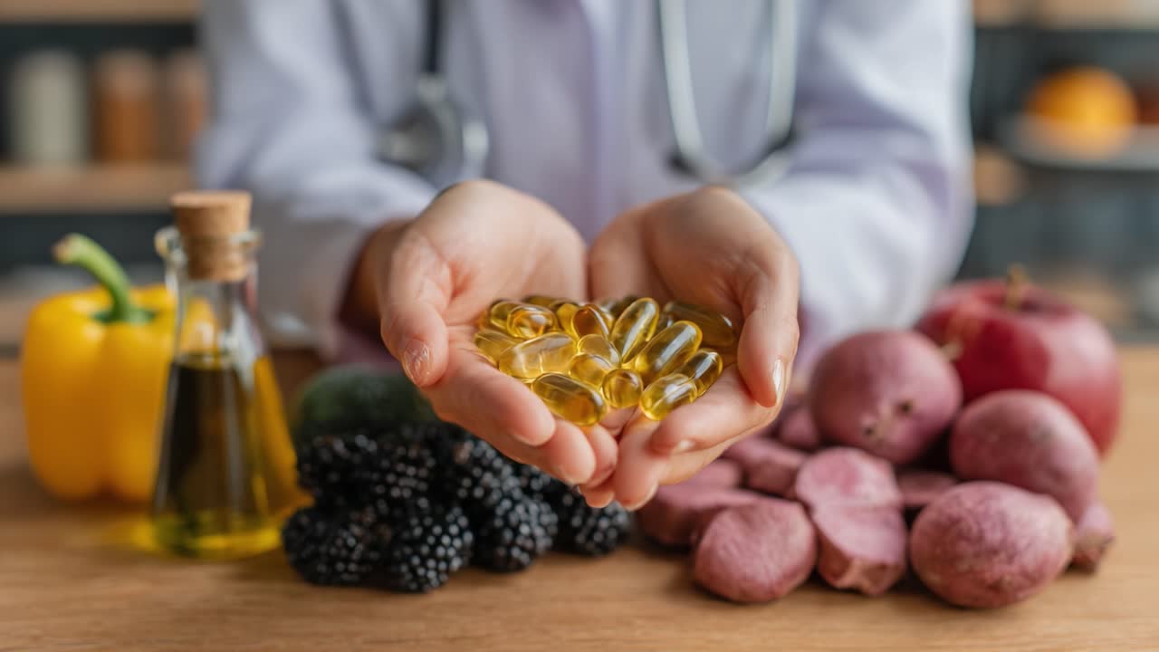 Un professionista sanitario illustra i vantaggi degli integratori alimentari con una varietà di cibi e oli colorati, promuovendo uno stile di vita sano e il benessere.