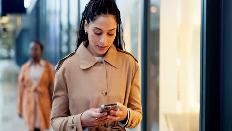 phone, thinking and business with woman in city