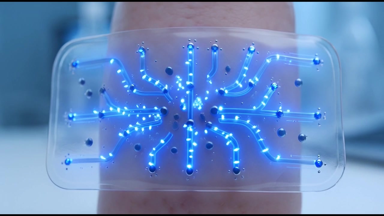 Futuristic Wearable Medical Patch with Glowing Blue Circuitry on Skin