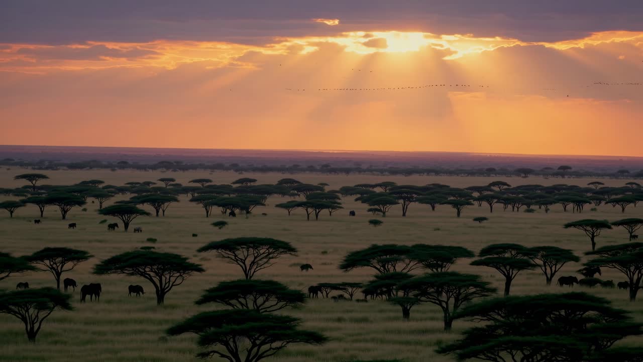 En luftvideo fanger en fredfull afrikansk savanne ved solnedgang, med akasietrær og dyreliv i silhuett