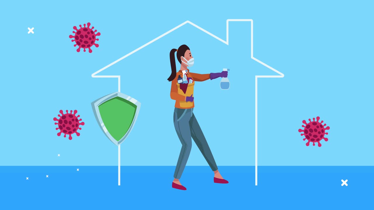 mujer con máscara médica con escudo en la casa animación