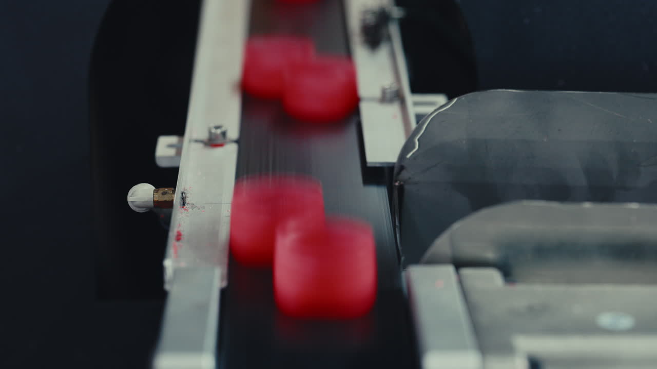 Red Caps on a Conveyor Belt