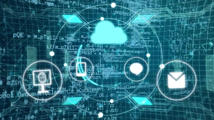 Bright cloud appearing, ring forming, arc rotating, icons orbiting then settling, showing services