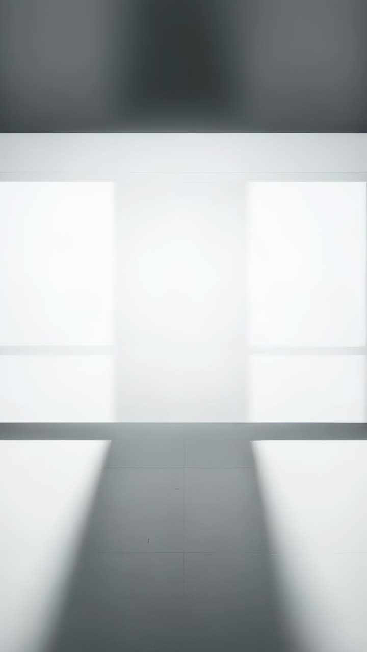 Video verticale: retroilluminazione che cambia, rivelando pannelli e sporgenza nel corridoio della galleria, pavimento riflettente