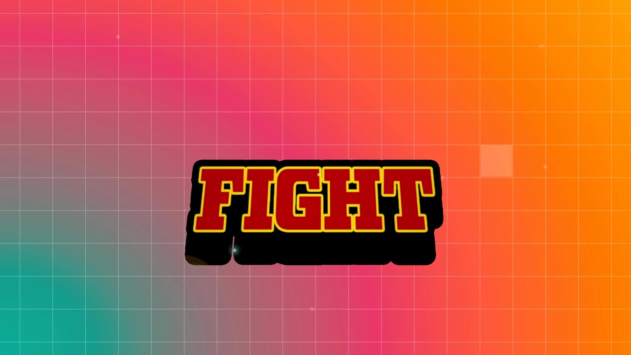 Animation of fight text banner over square shaped textured colorful gradient background