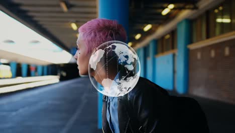 animación del globo y procesamiento de datos sobre mujer caucásica con cabello rosa esperando en la estación