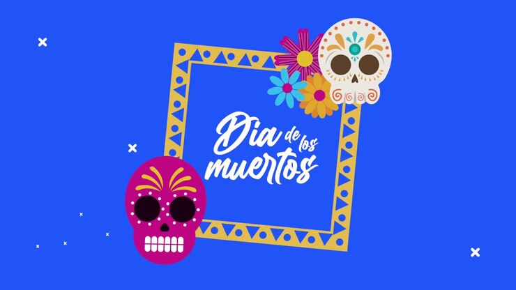 dia de los muertos lettering celebration with skulls and flowers