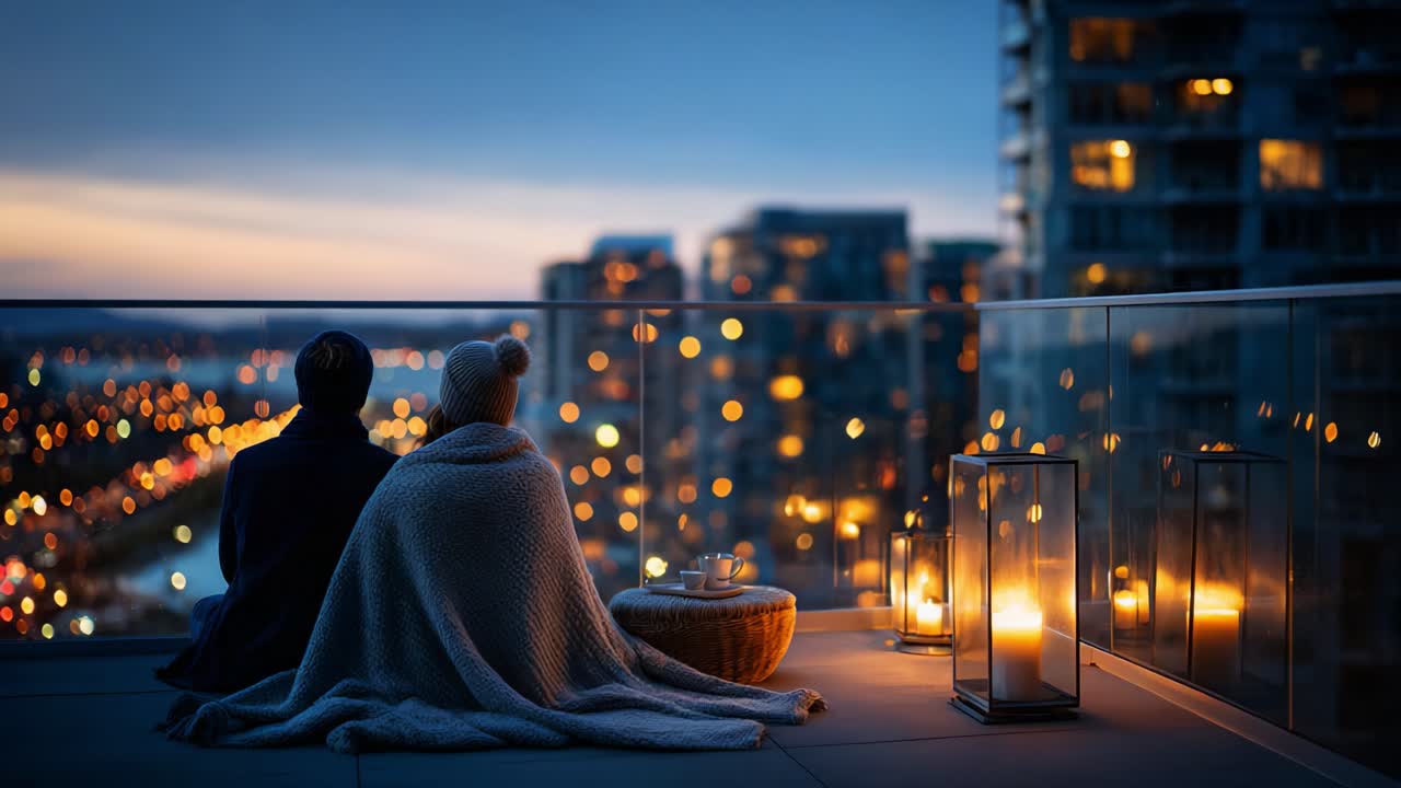 A Cozy Evening on the Balcony: A Couple Wrapped in a Blanket Enjoying the Beautiful City Skyline as the Sun Sets, Surrounded by Warm Lights and an Intimate Atmosphere