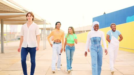 diverse group of friends walking together