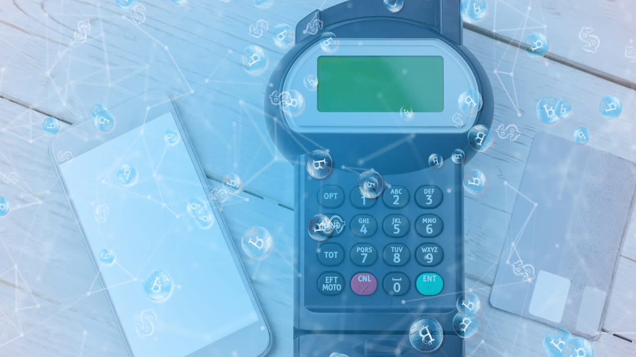 스마트 폰과 결제 단말기를 통해 비트코인의 애니메이션