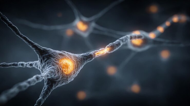 Exploring the Intricacies of Neuronal Communication: Stunning Visuals of Neurons Interconnected with Glowing Synapses in a Dark Background