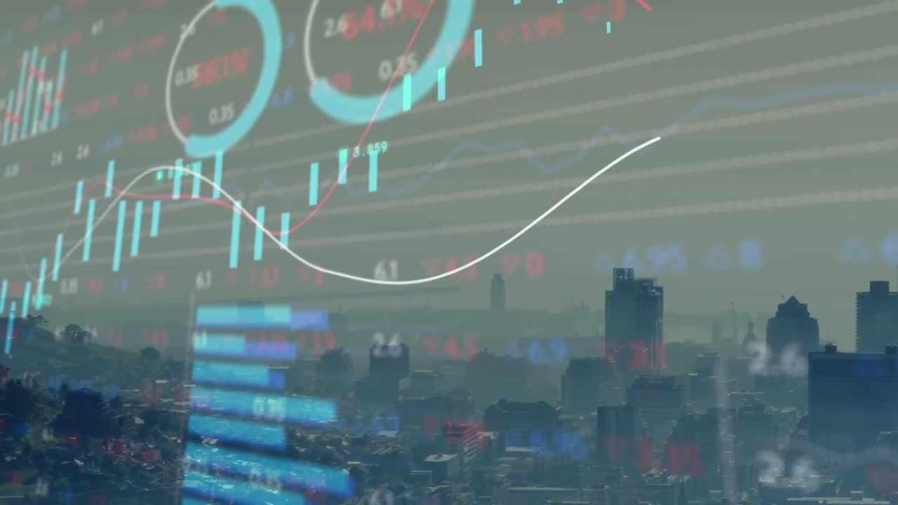 Animation of multiple graphs and trading board over modern cityscape against sky