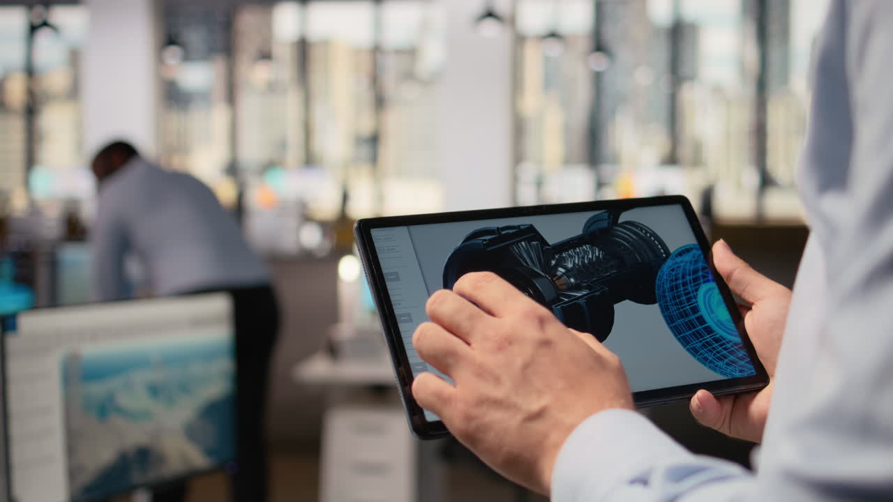 Close Up Of Engineer Using Cad App On Tablet To Make Wind Turbine More Sustainable